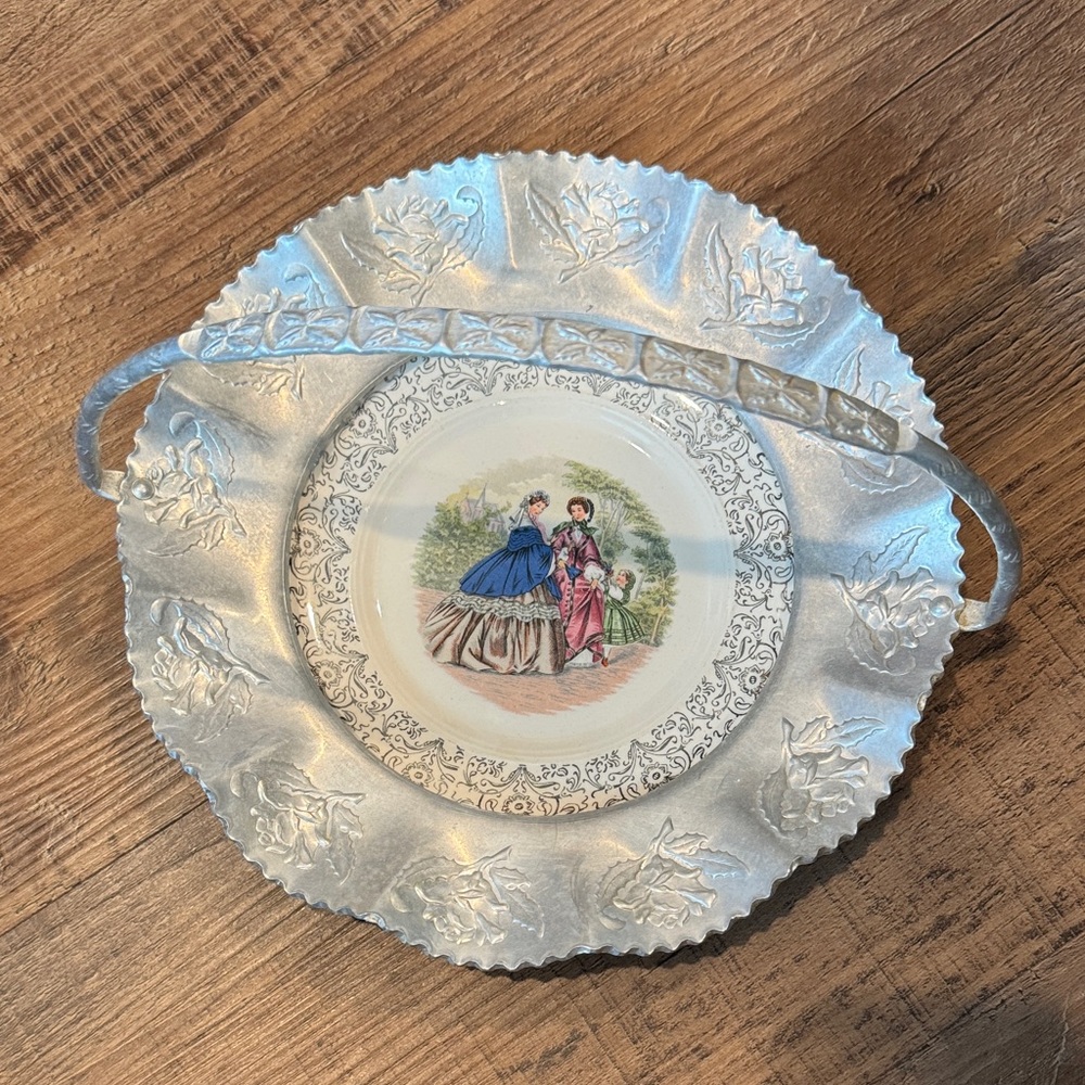 Vintage Handled Aluminum Decorative Plate with Rose Accents